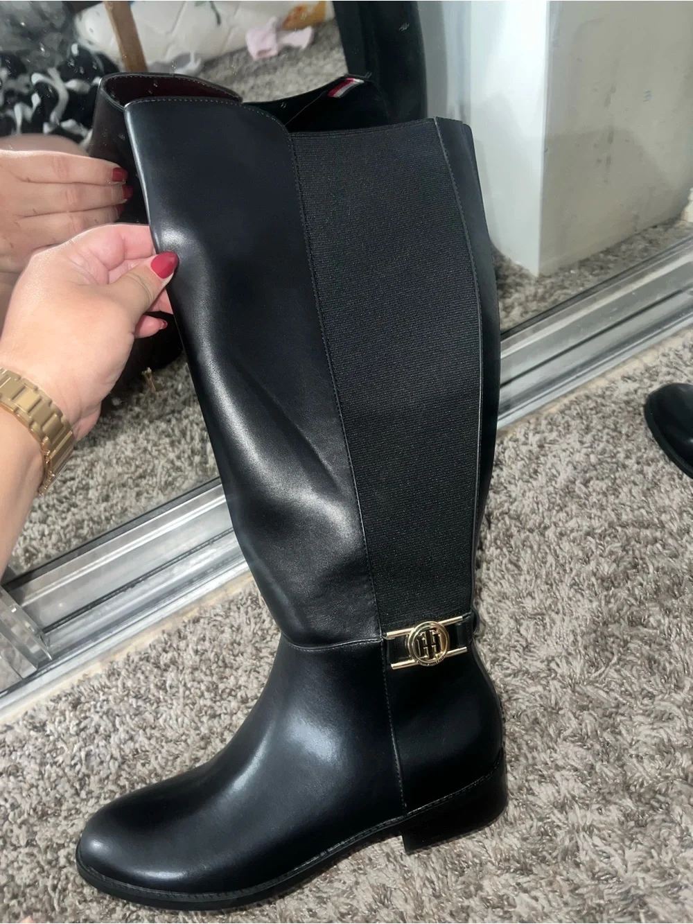 Black Knee-High Women's Riding Boots with Gold Accent *** FLASHH SALEEE***
